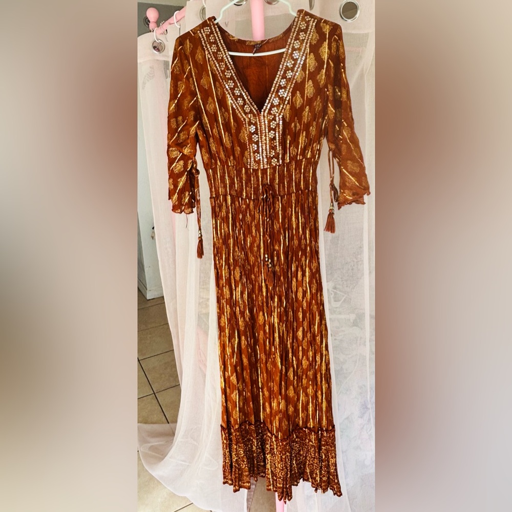 Bohemian Rust Metallic Maxi Dress with Embellished V-Neck